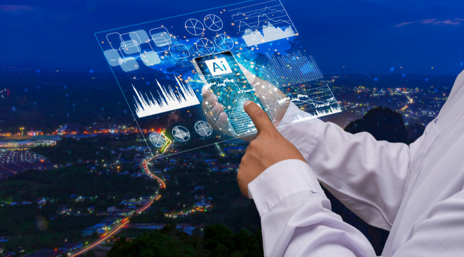 Person interacting with futuristic AI dashboard initiatives overlaying a city at night.