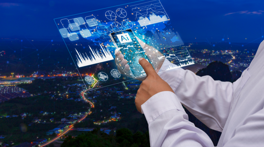 Person interacting with futuristic AI dashboard initiatives overlaying a city at night.
